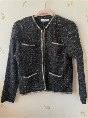 Mango Black Tweed Chain-Trim Cardigan Jacket